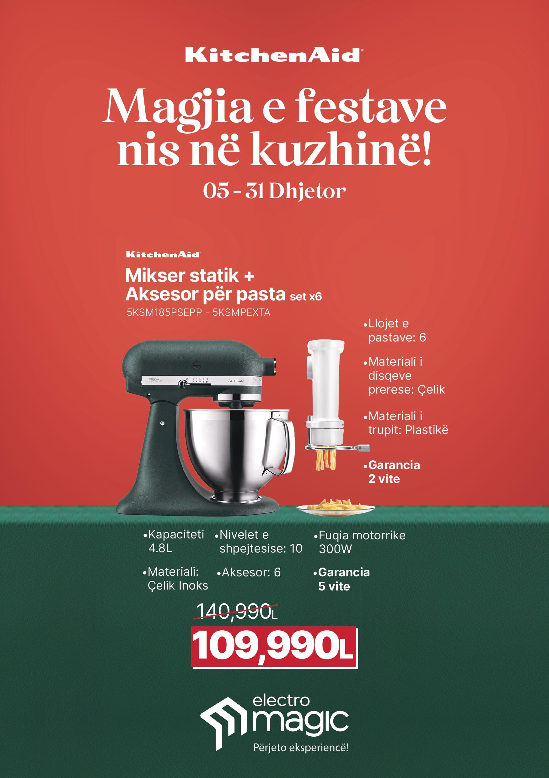 MIKSER STATIK 5KSM185PSEPP  + AKSESOR PER PASTA SET 6X 5KSMPEXTA